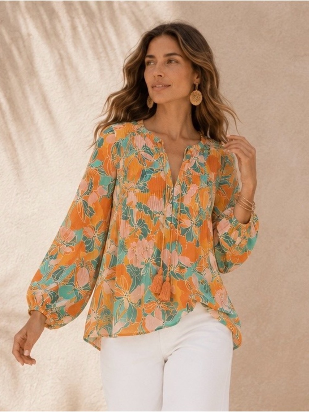 NWT DR2 Floral Pleated Blouse XS Oversized Tassel Tie Boho Orange Teal